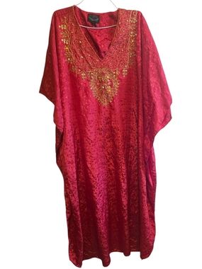 Ashro Red Embroidered Satin Caftan Top with Green Thread Detail